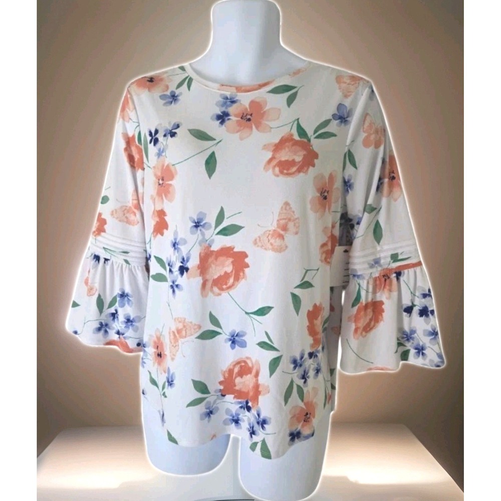 ELLE Popover Top L Multi-Color Floral Bell Sleeve Stretch Artsy Beachy‎ Boho NWT